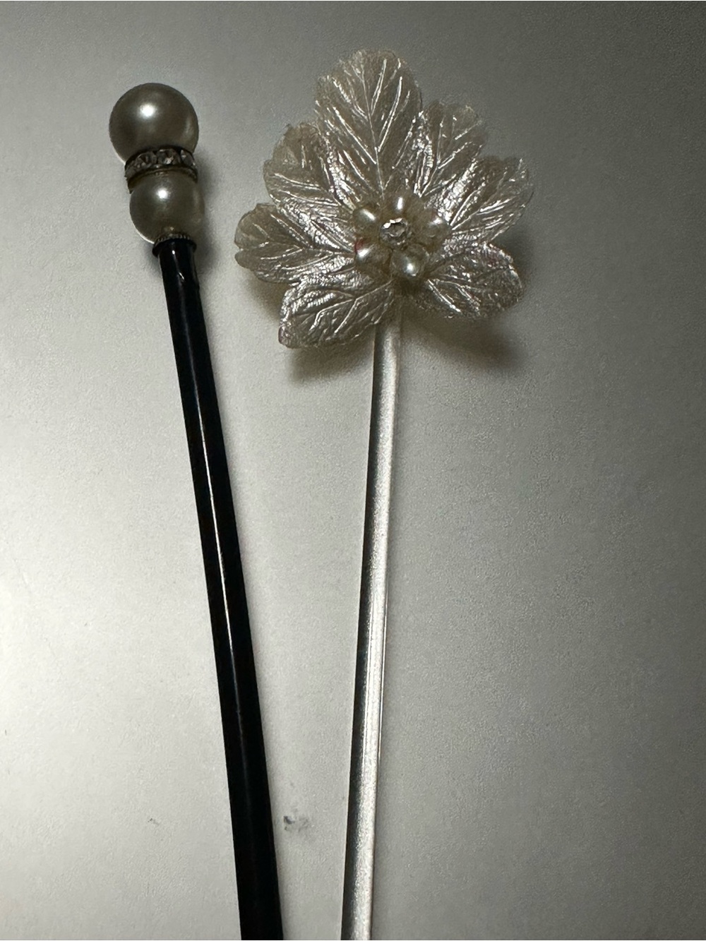 Two Vintage Hat Pins Clear Pearlescent Silvery Flower Black with Pearlescent Top